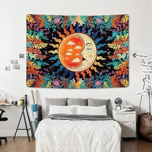 𝅺PSYCHEDELIC Moon Stars Garden Flower Tapestry Mandala Living Room Bedroom Dorm